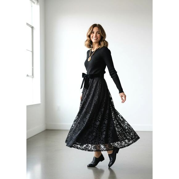 Vintage Susan Bennett Black Velvet Lace Midi Dress Bow Belt Korea Size 10 Lined - Picture 3 of 6